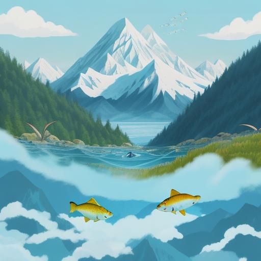 Whimsical illustration of a mountain range with fish swiming in the sky