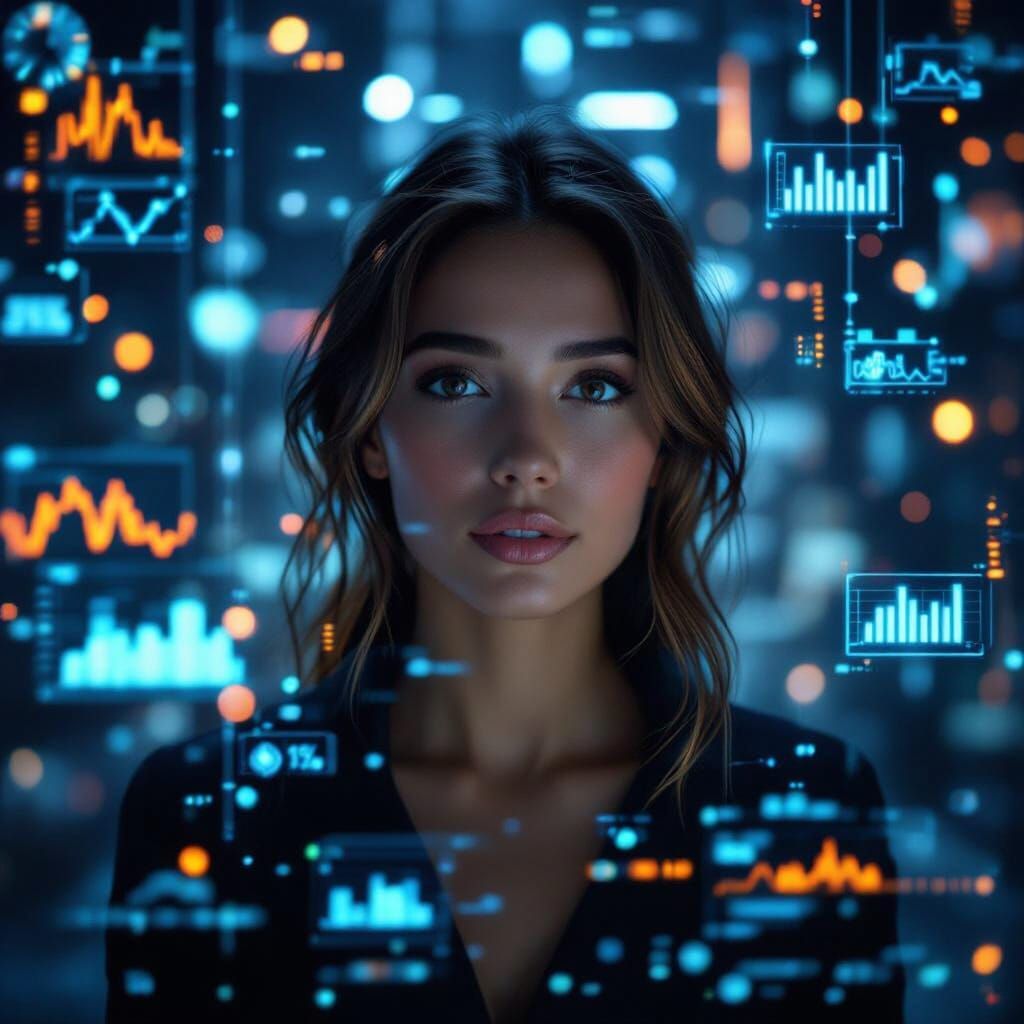 I want a realistic girl who is lost in data analytics..She is observing Data...and Data and tools are on the air