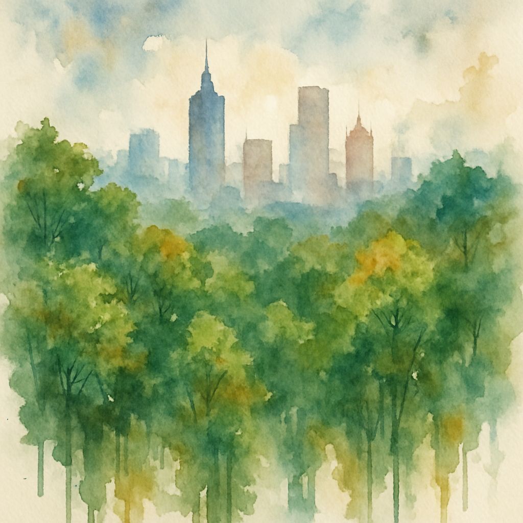 Cityscape Through Forest in Leaking Watercolors