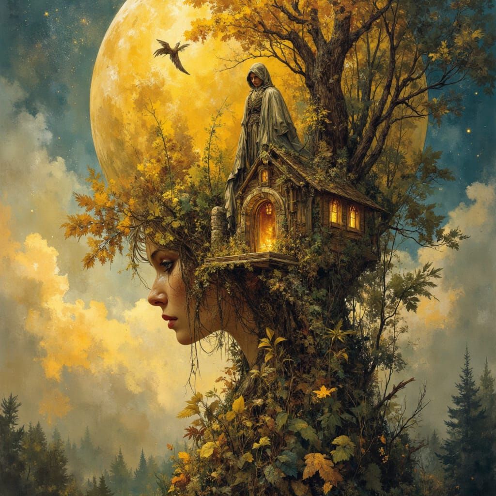 Double exposure, giant golden moon, stars and clouds :: Neo-gothic treehouse and watchman at night <lora:Earth and sketch:1.0>