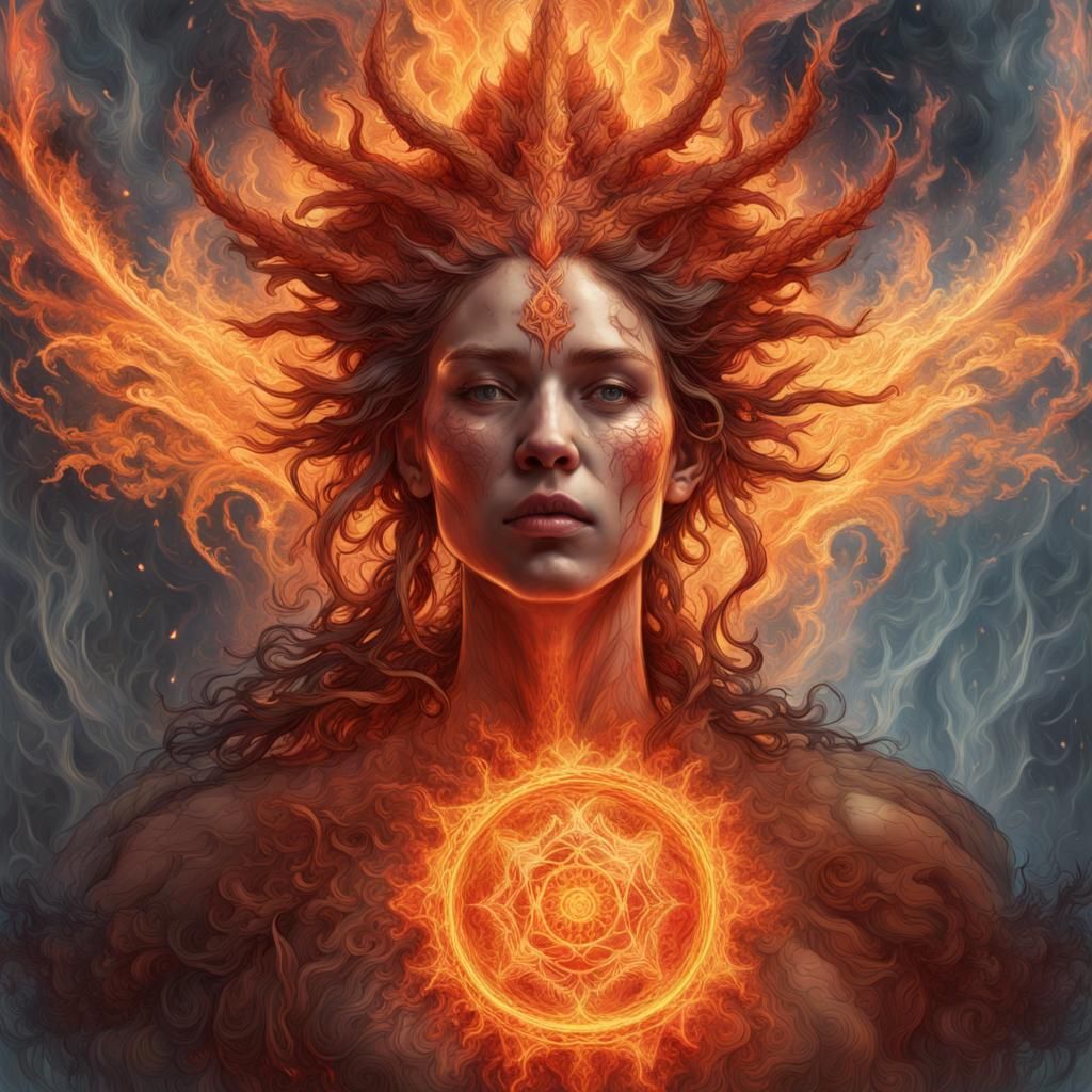 Divine fire element fire deity presiding over the realm of fire, fiery aura, intricate motifs