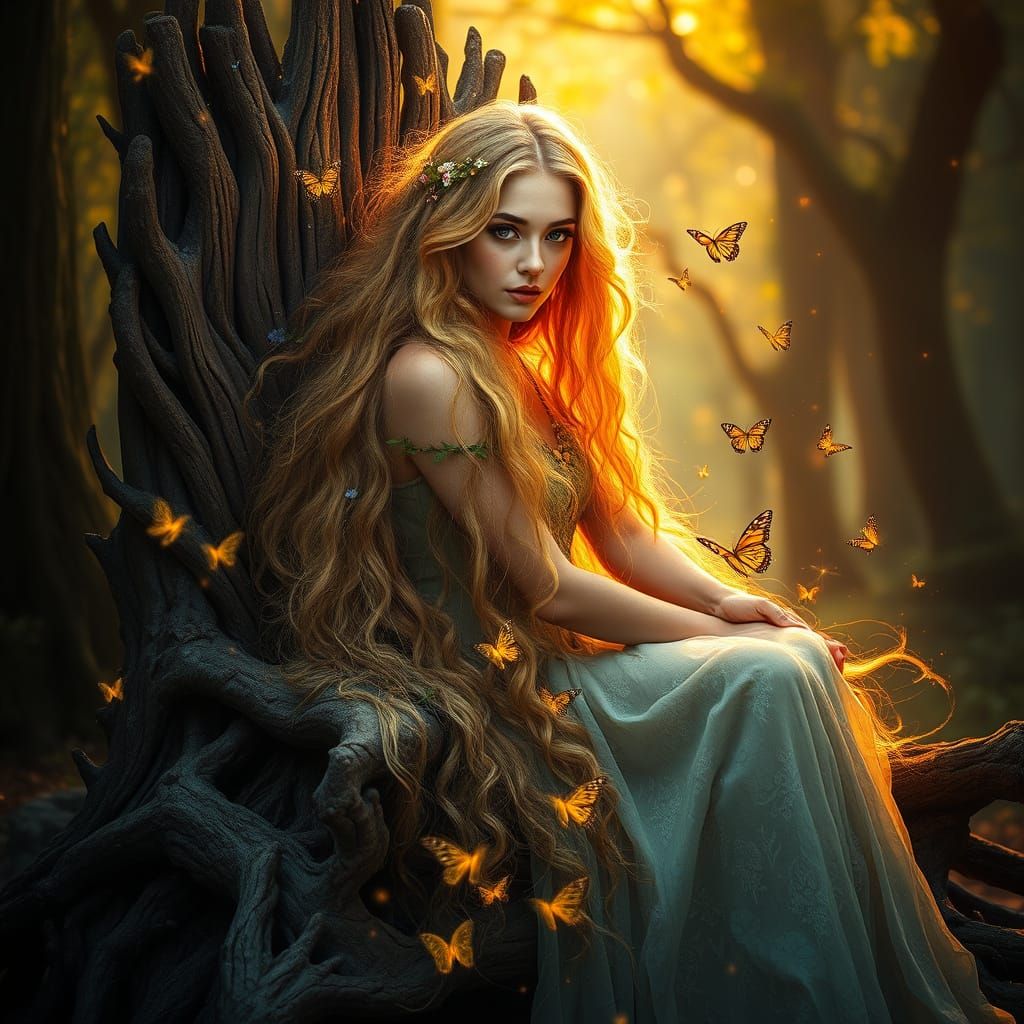 A girl with long, flowing hair adorned with flowers and vines sits on a throne made of twisting tree ...  by @Firdavs