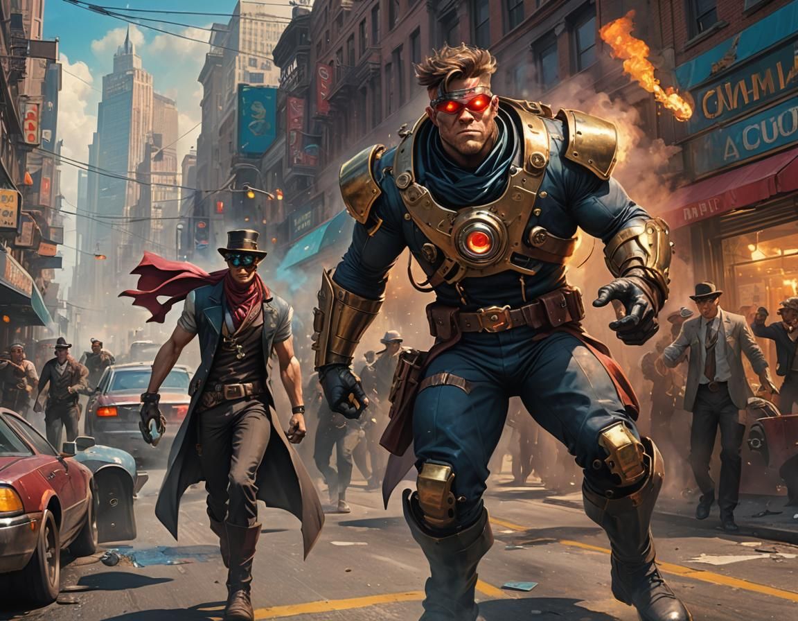 Cyclops stops a speeding steam car carrying bank robbers with their loot on busy city street Hyperrealistic, splash art, concept art, mid sh...