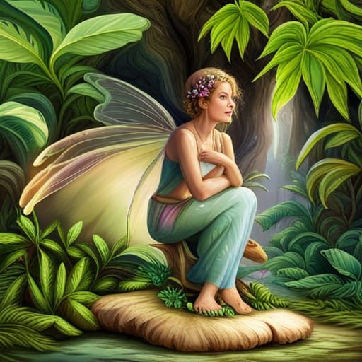 Fairy on a mushroom facing right with huge plantlife
