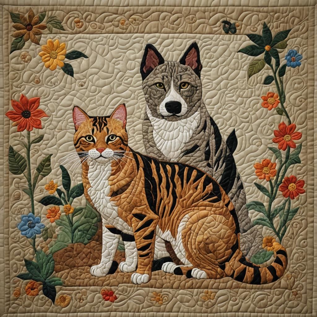 Quilted work with cat and dog