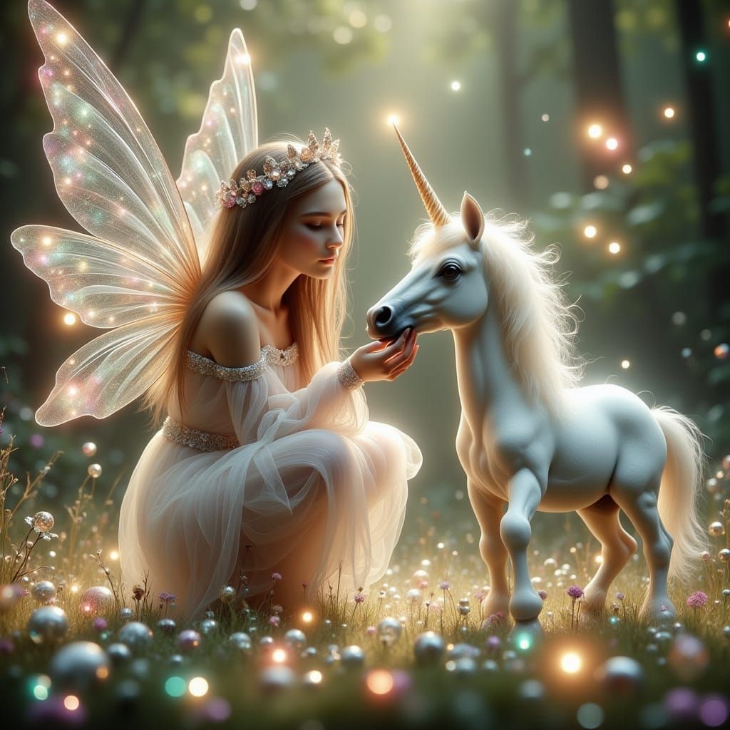 <lora:Dreamy Enchantment:1.0> Fairy princess feeding a baby unicorn.   by @Belial 