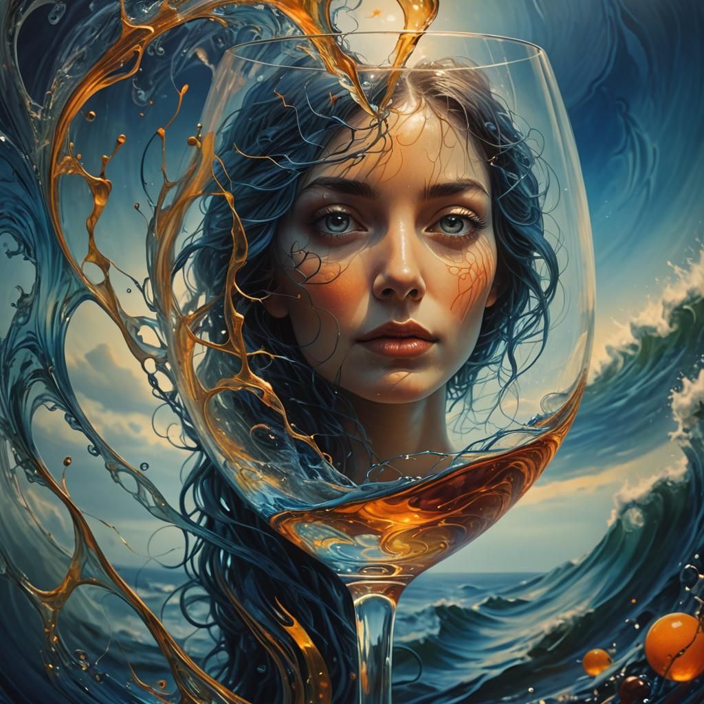 Tsunami Reflection in Wine Glass: Fantastical Concept Art