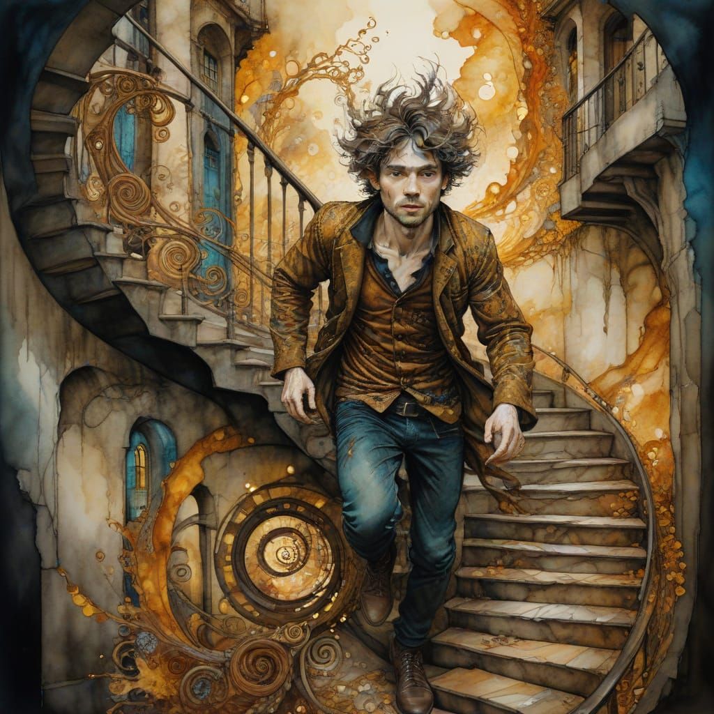 Action Portrait Running vagabond, Surreal Spiraling city stairway, hyperdetailed alcohol ink drawing, ...  by @Ride the Wind DM
