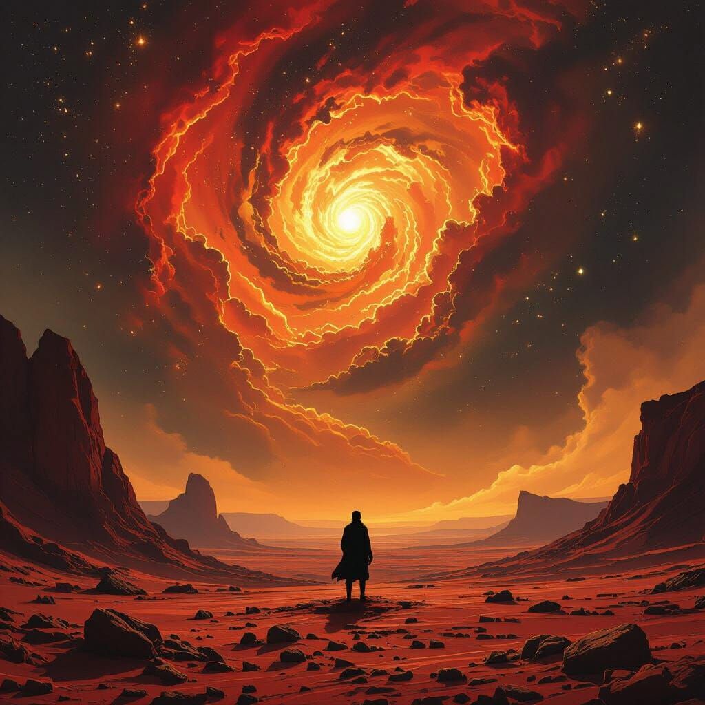 Fiery Red Planet with Lone Figure in Space Art Style