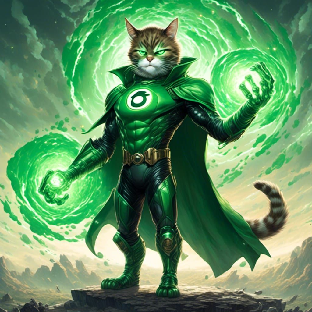<lora:firey:1.0> a cat dressed as green lantern, concept art...