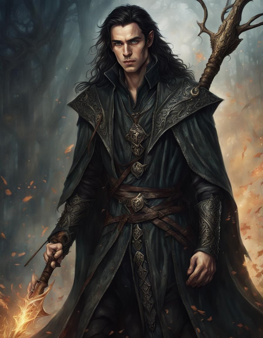 A 24 year old dark haired male high elf sorcerer. Wearing a tattered ...