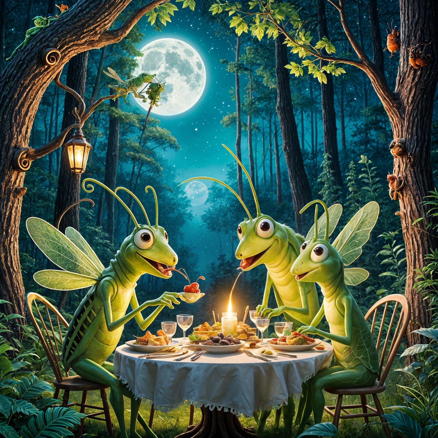 A whimsical grasshopper family enjoying a gourmet dinner under a magical, moonlit forest.  by @Jim 