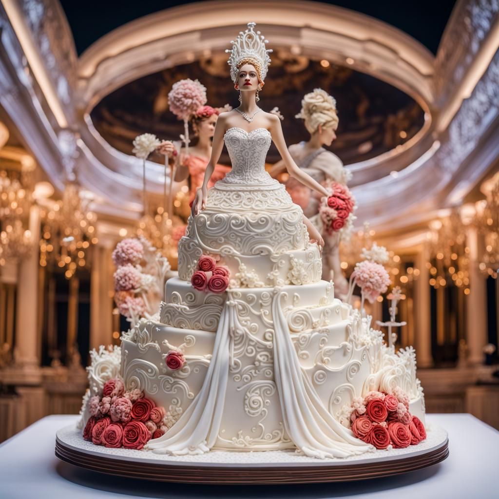A woman in a white dress to marry behind a sculpture of epic wedding cake representing a man in costume, ...  by @lepoilux