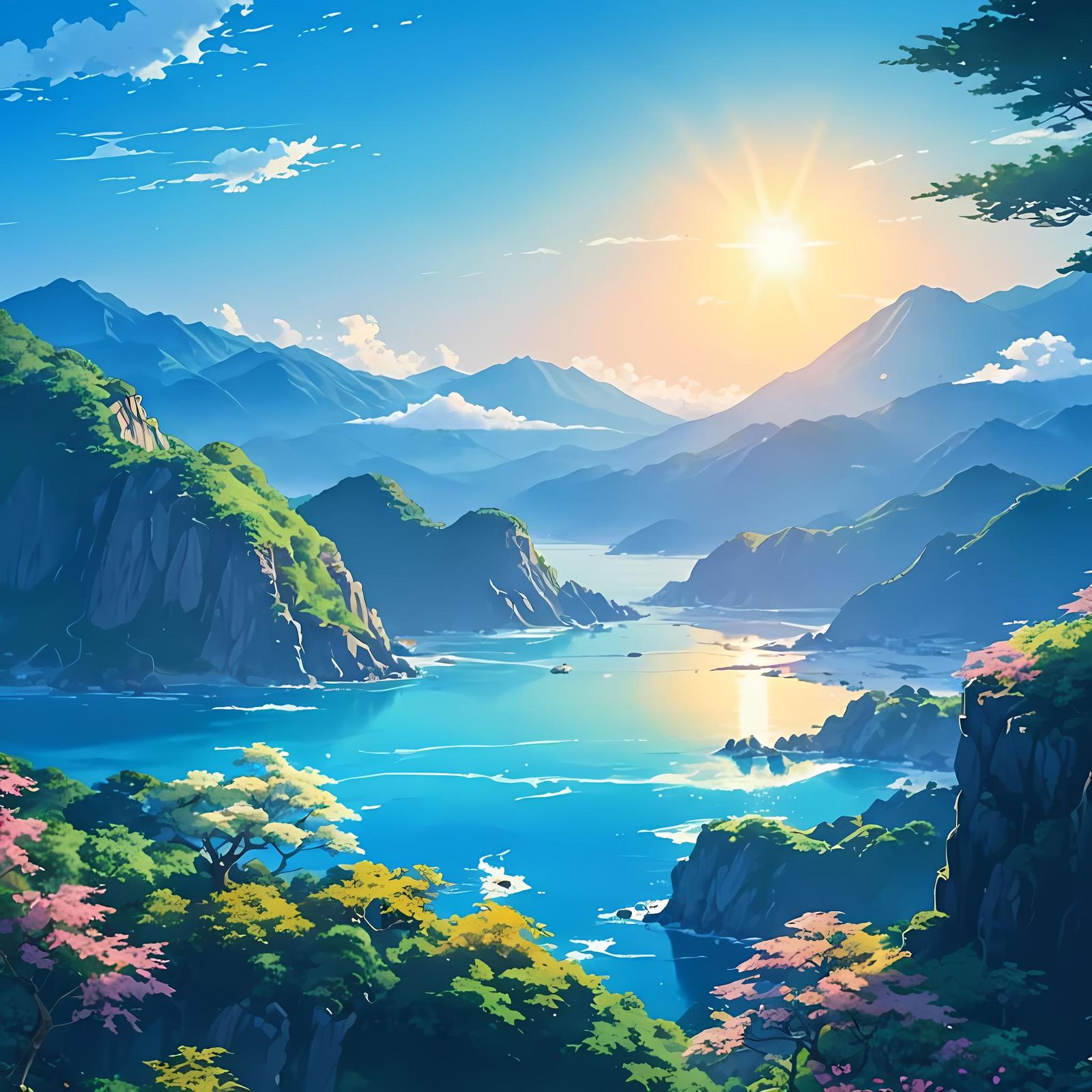 Anime Mountainside Sea Coast in Vivid Colors