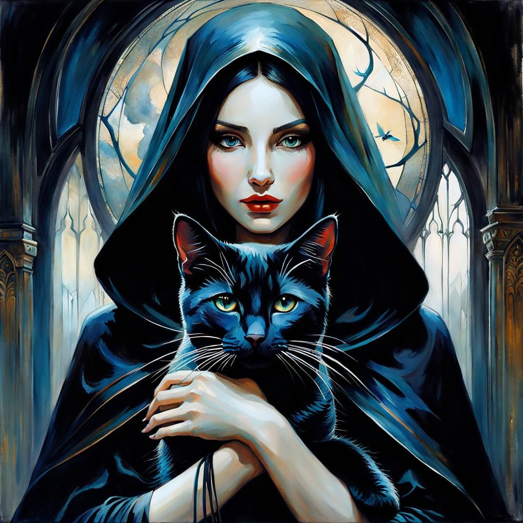 Gothic Girl with a Cat - AI Generated Artwork - NightCafe Creator