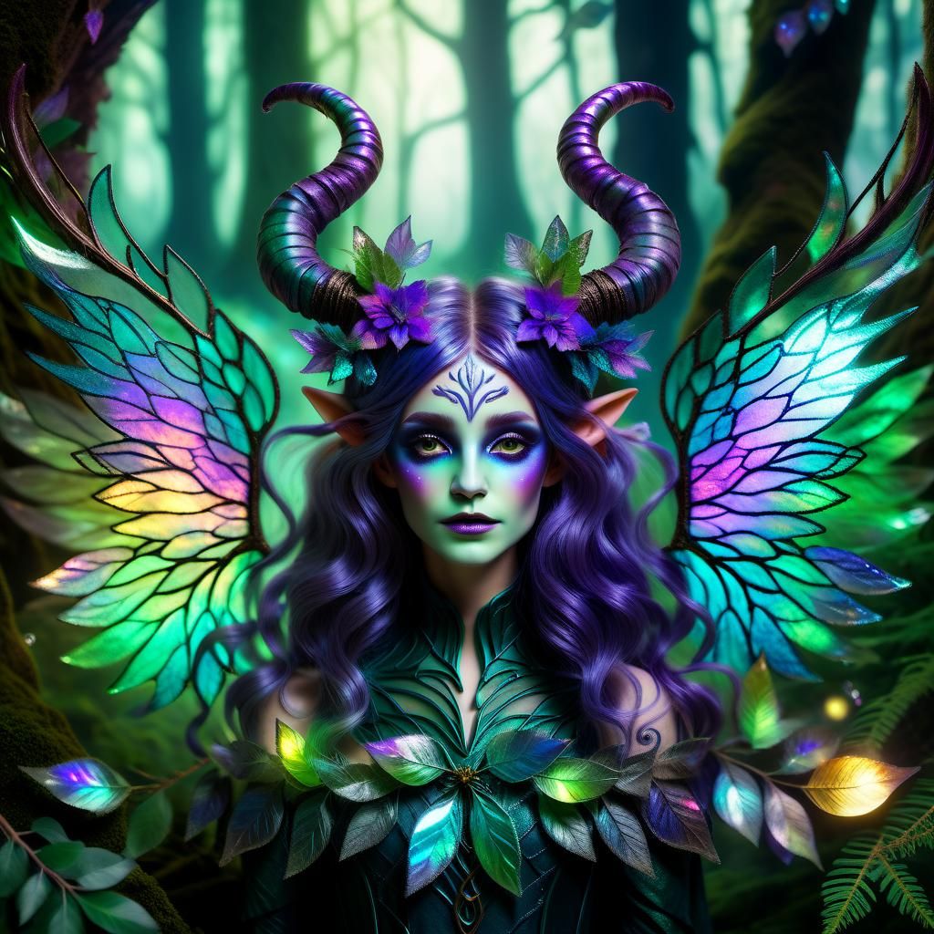 Horned Fae in an enchanting forest with iridescent transluce...