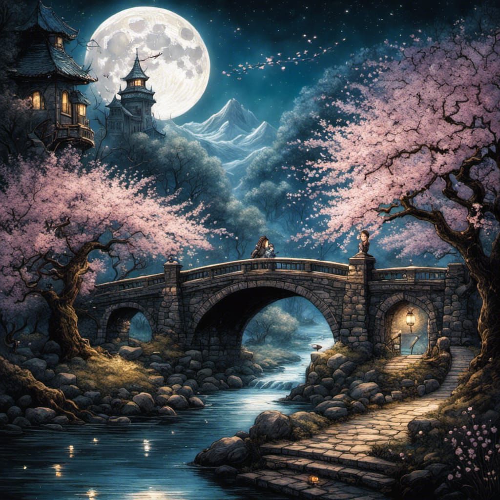 The old stone bridge in a cherry blossom  by @Art variety