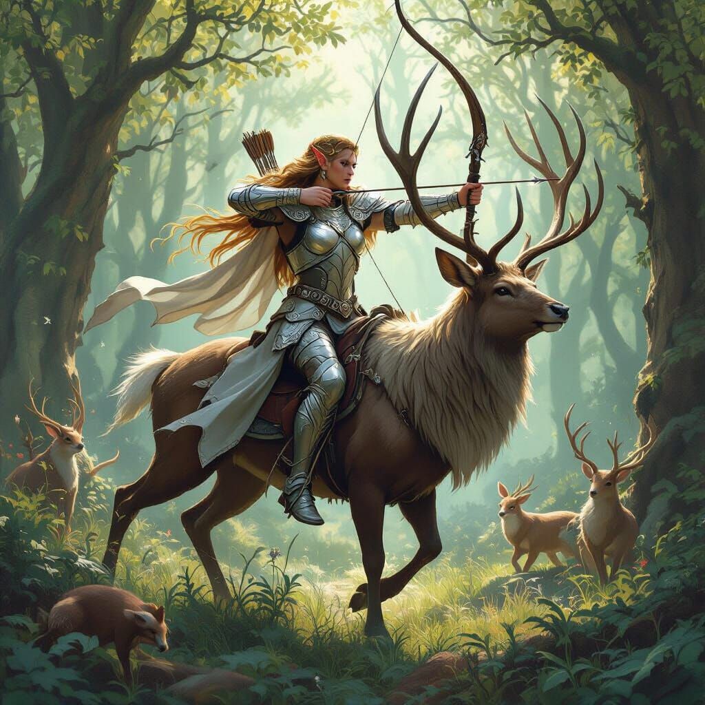 A plus-size elven warrior clad in gleaming silver armor, riding a majestic stag through an enchanted forest, her bow drawn and ready for act...