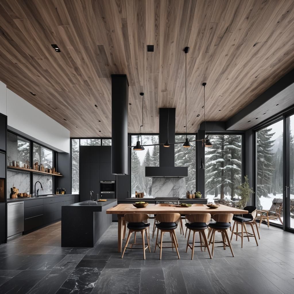 Minimalist Black Lava Stone Kitchen with Winter View