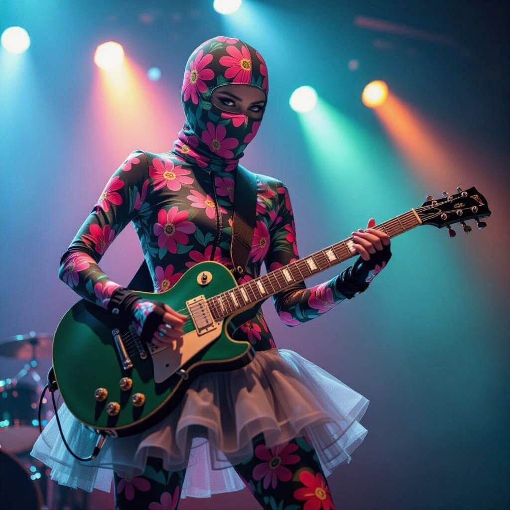 Rock girl dressed in flower pattern zentai suit with balaclava and grey tulle skirt playing electric guitar
