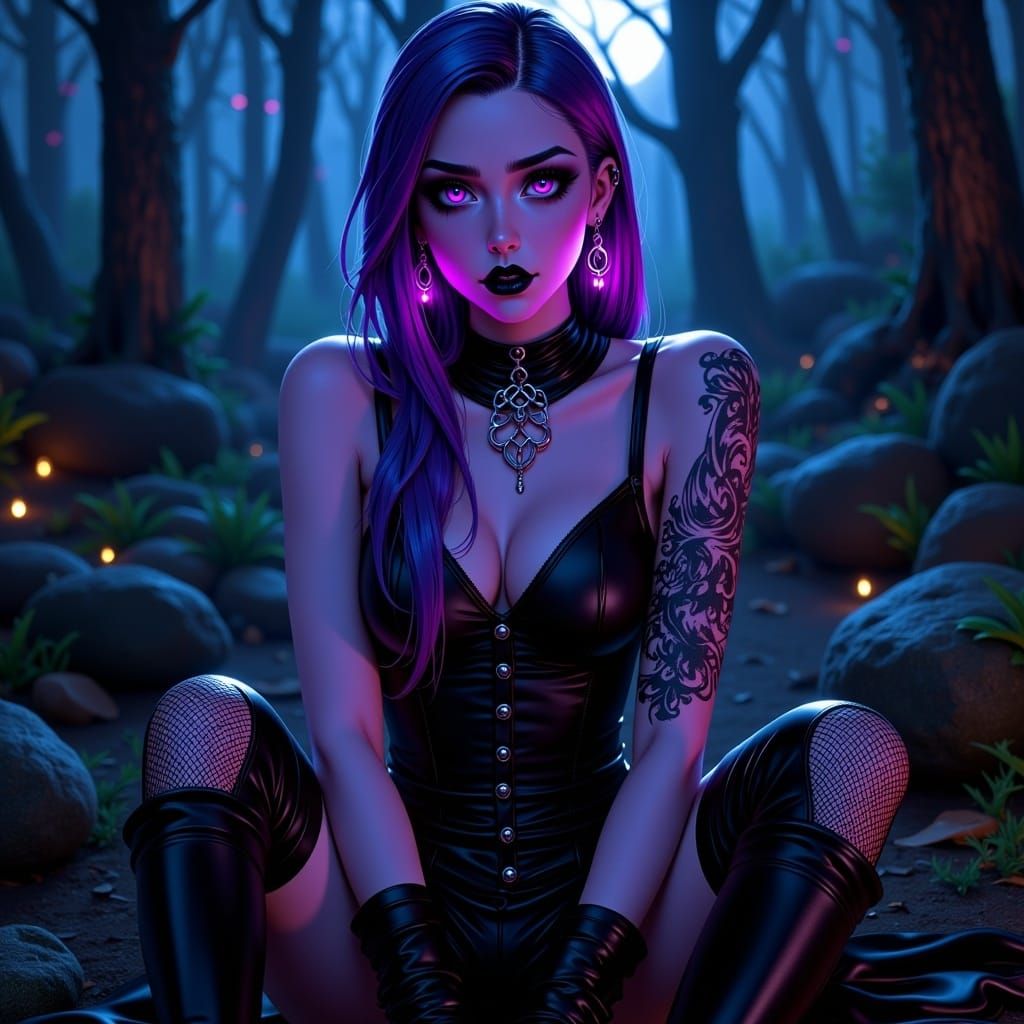 <lora:Anime Girls:1.0> Beautiful Goth Female, Dark Purple Hair, Black Make Up, Moon Light, Matte Black Latex Dress, Black Knee Boots, full b...
