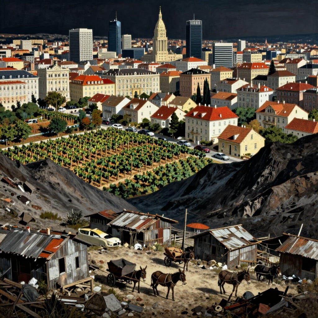 Prosperity Versus Poverty: Opulent City Above Mountain Slum