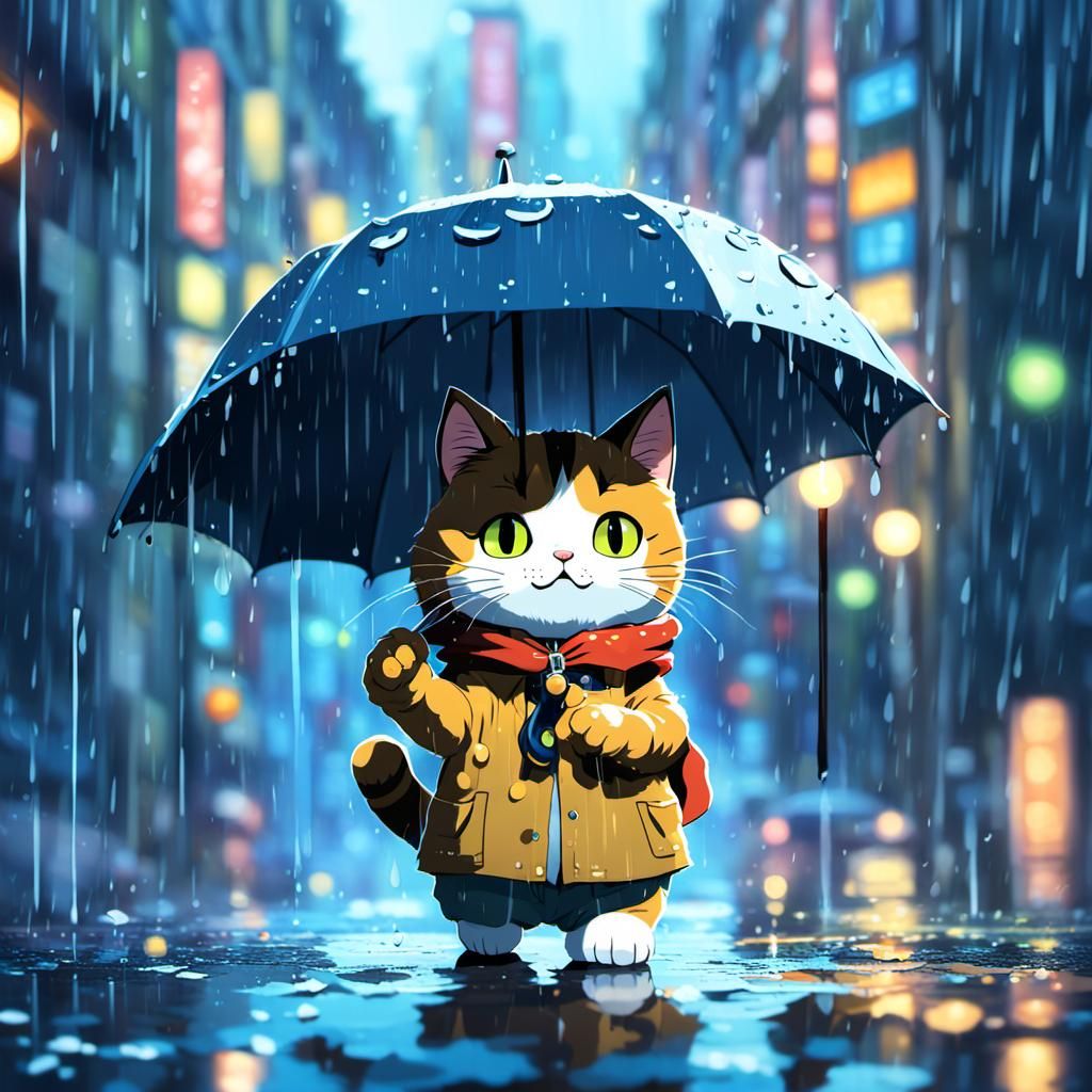 cartoon cat in the rain holding an umbrella in his paw