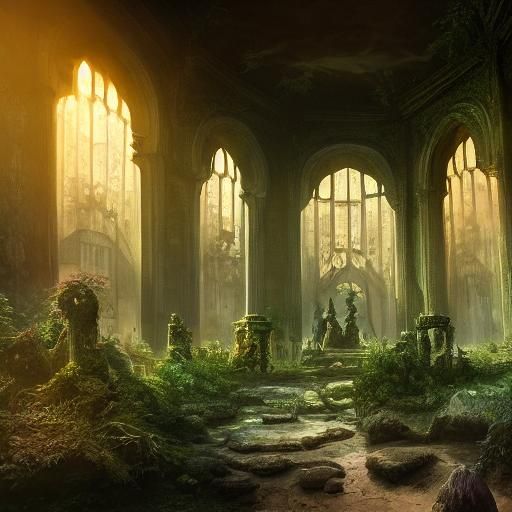 ruins of a throne room in the fairy castle overgrown with strange ...