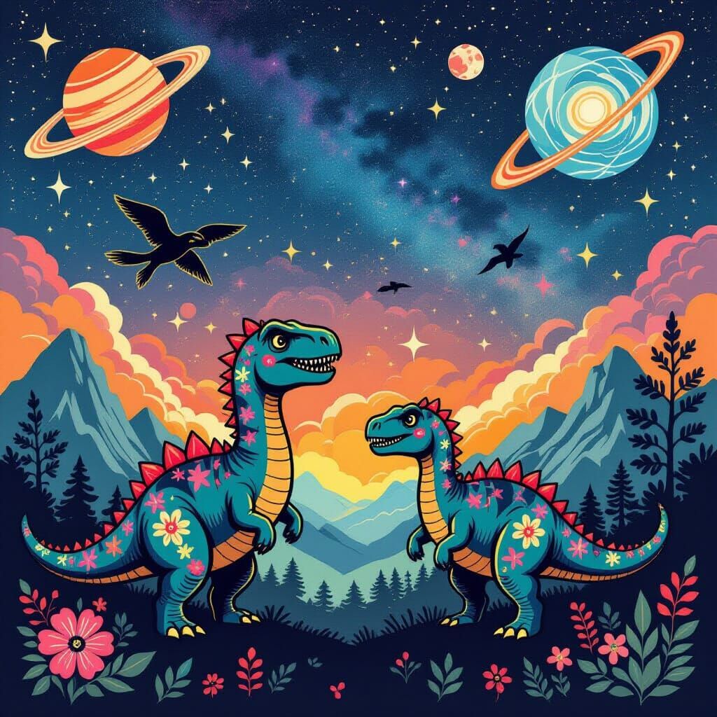 Cosmic Floral Dinosaurs in Art Nouveau Style