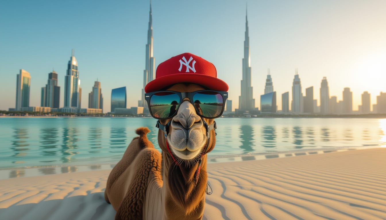 A hyper-realistic photograph of a pristine, sun-drenched sandy beach with wet, reflective sand in the foreground. In the brilliant backgroun...