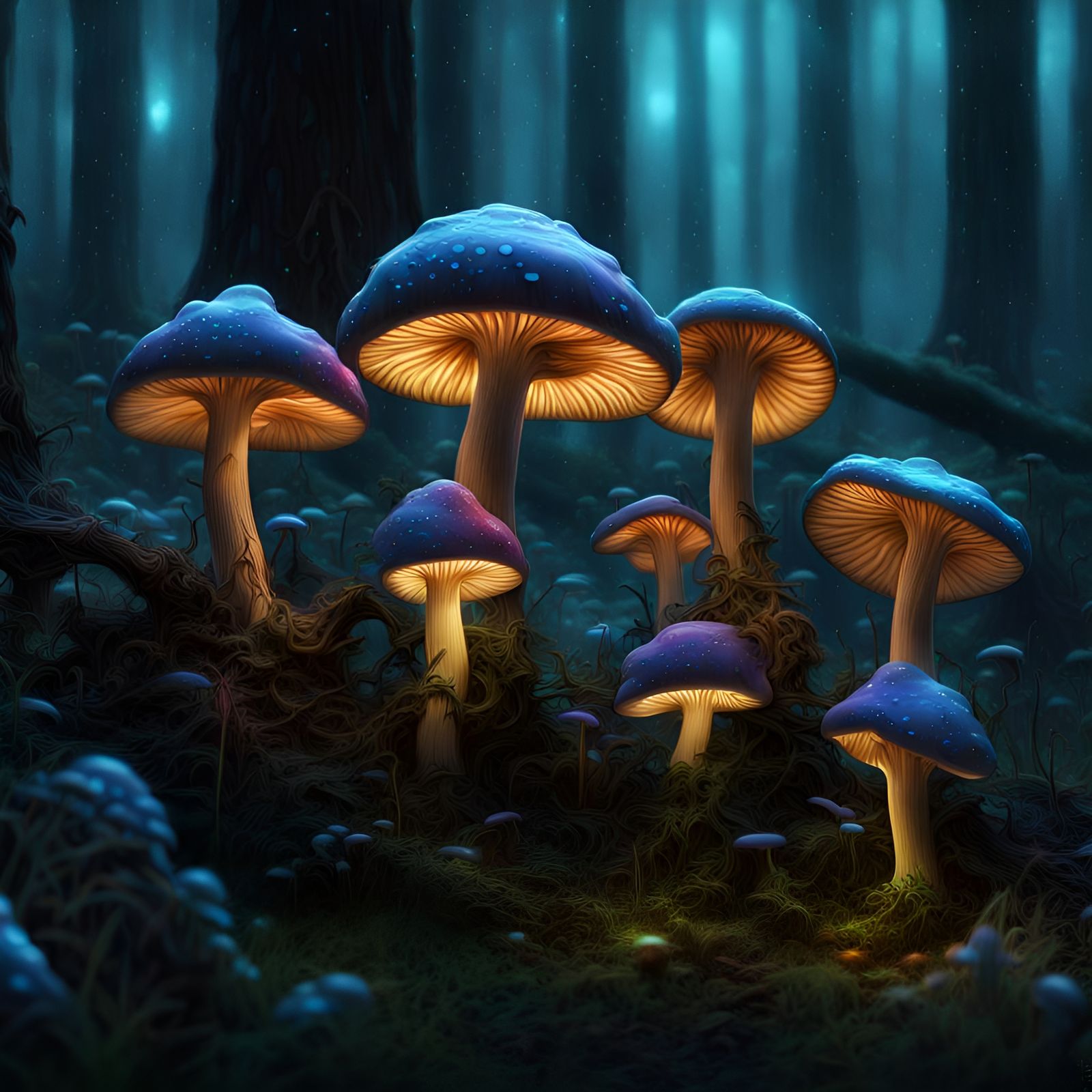 Bioluminescent mushrooms - AI Generated Artwork - NightCafe Creator