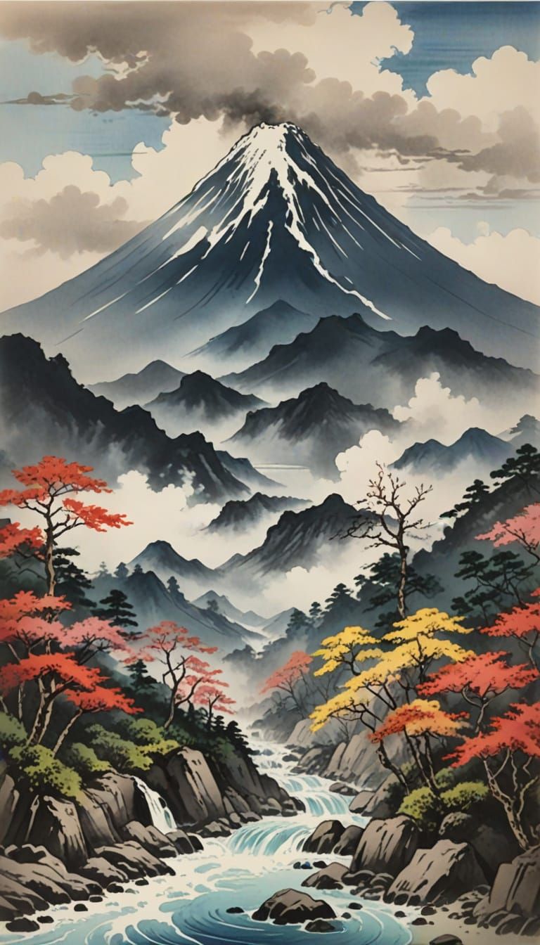 Surreal Watercolor Ukiyo-e of Mount Fuji