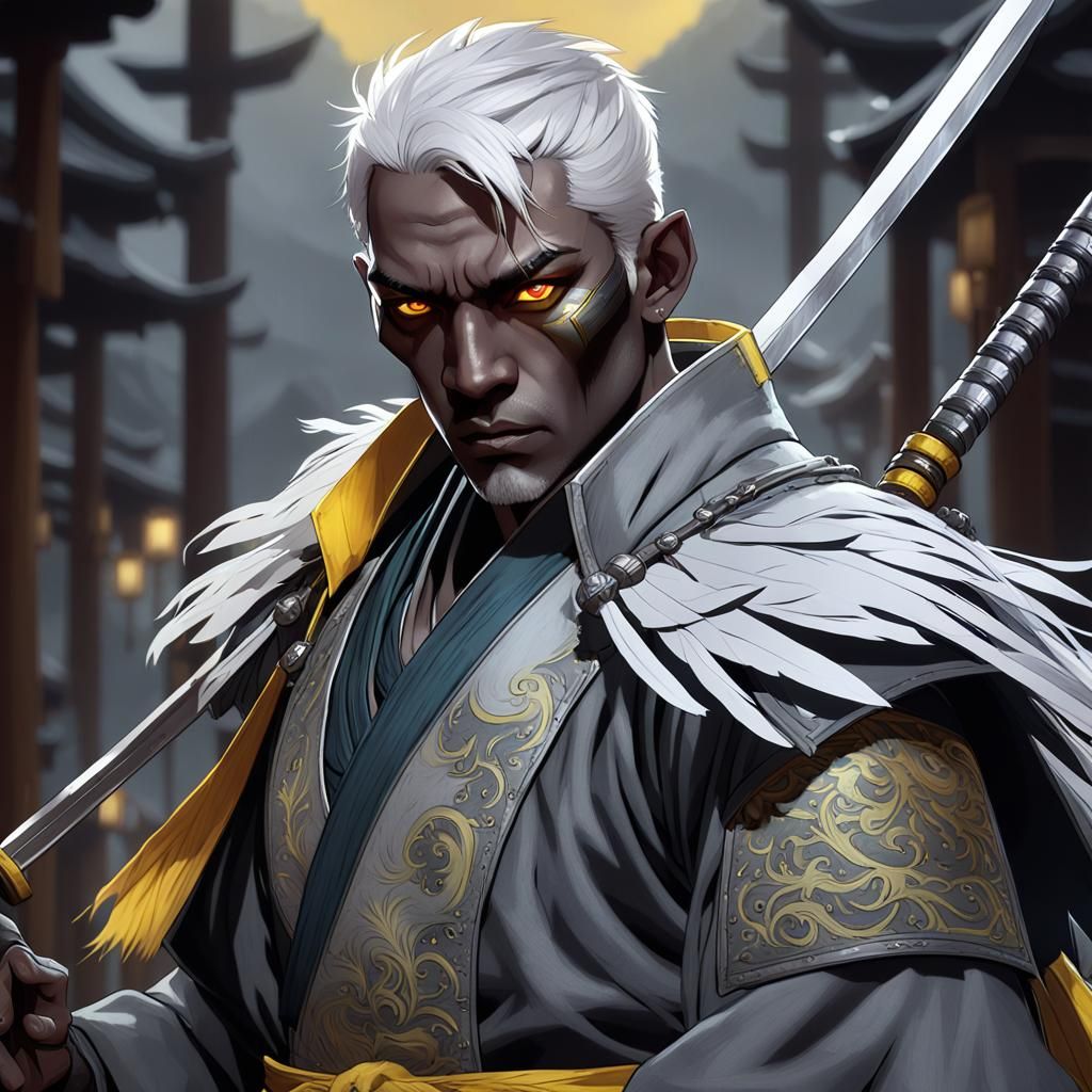 Male Drow, Dark Grey Skin, White short Hair,yellow eyes, wea...