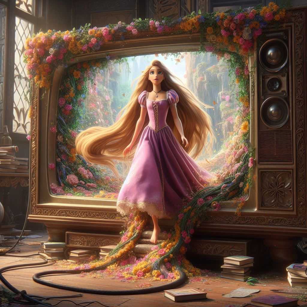 Rapunzel - Leaving the TV 2 - AI Generated Artwork - NightCafe Creator