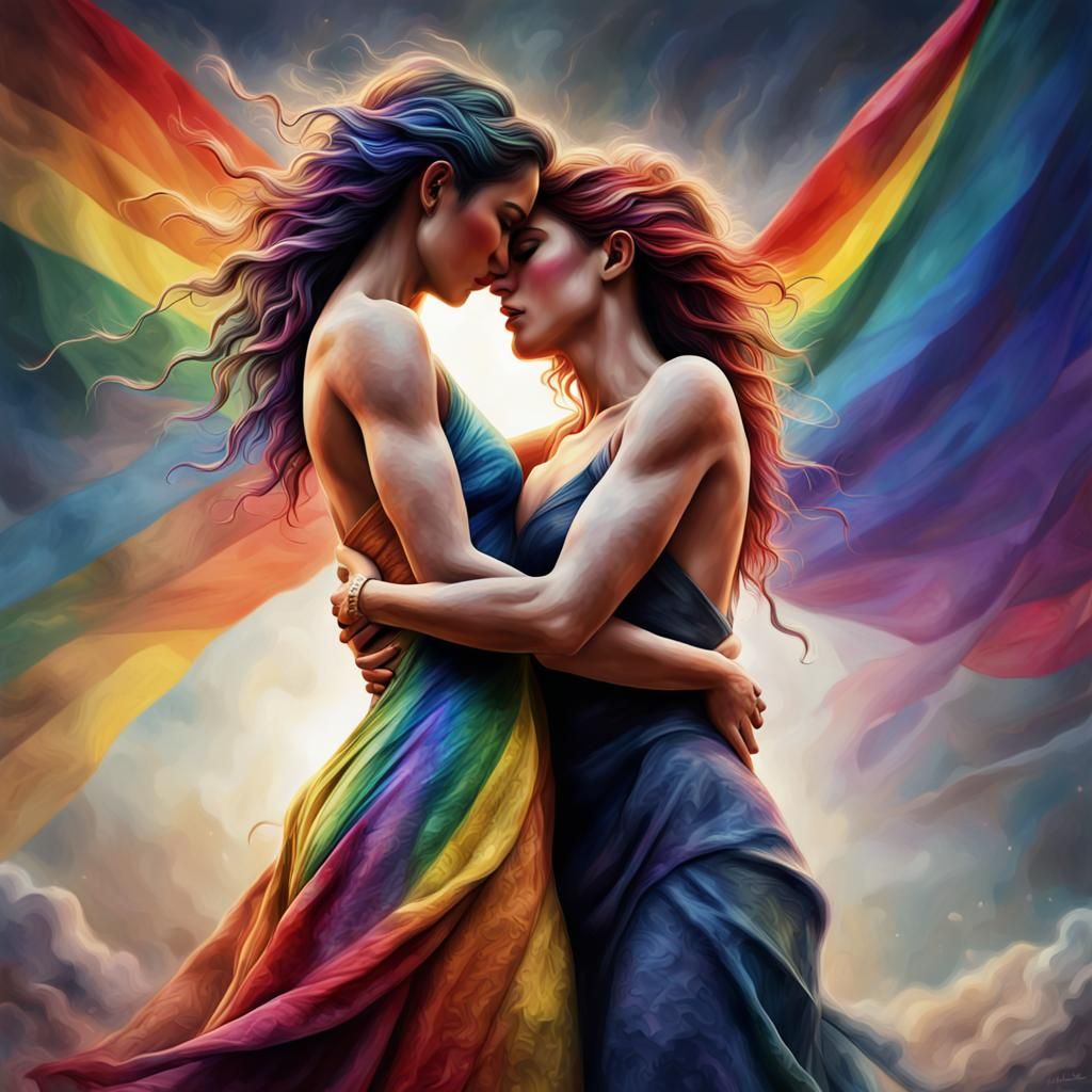 Women Lovers Embracing, Freedom Victory, Abstract!!!!!! Mixed-Media Artwork Grainy Blurry LGBT Rainbow ...  by @Carrie David Parr 