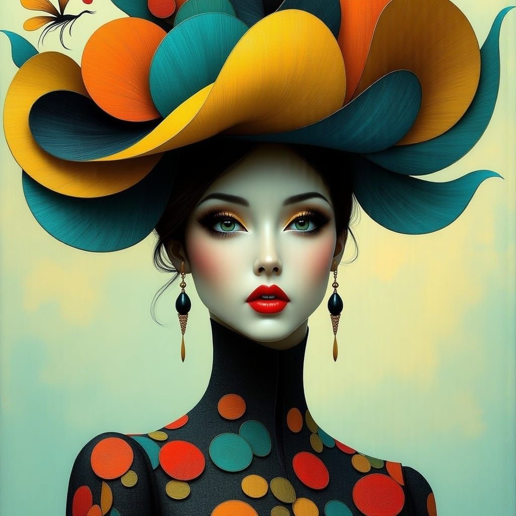 <lora:A LITTLE SURREAL:1.0> a dark haired woman in a fancy hat; the hat is a little surreal, adorned with geometrical shapes, vivid colours,...