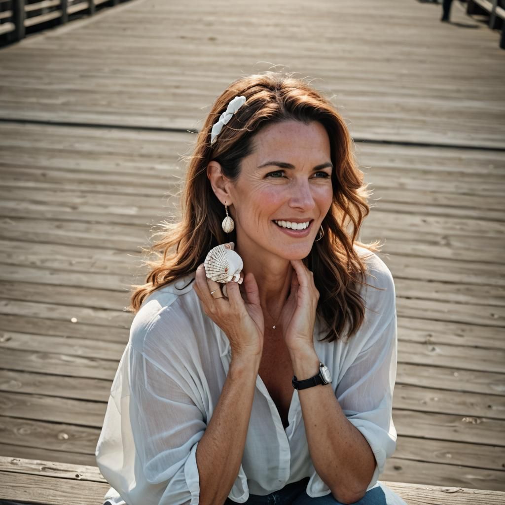 Pretty woman in her mid-forties, on boardwalk, holding seash...