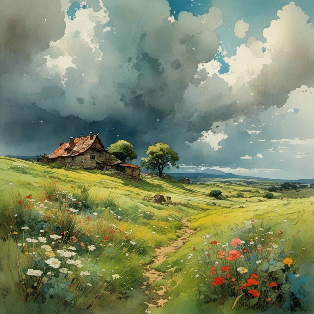 <lora:Liminal Lacquer:1.0>16k,  in the style of Roger Haus (HAI 6), Alvaro Escobar-Fuentes, Sorriso :: rainy summer day on a grassy meadow...