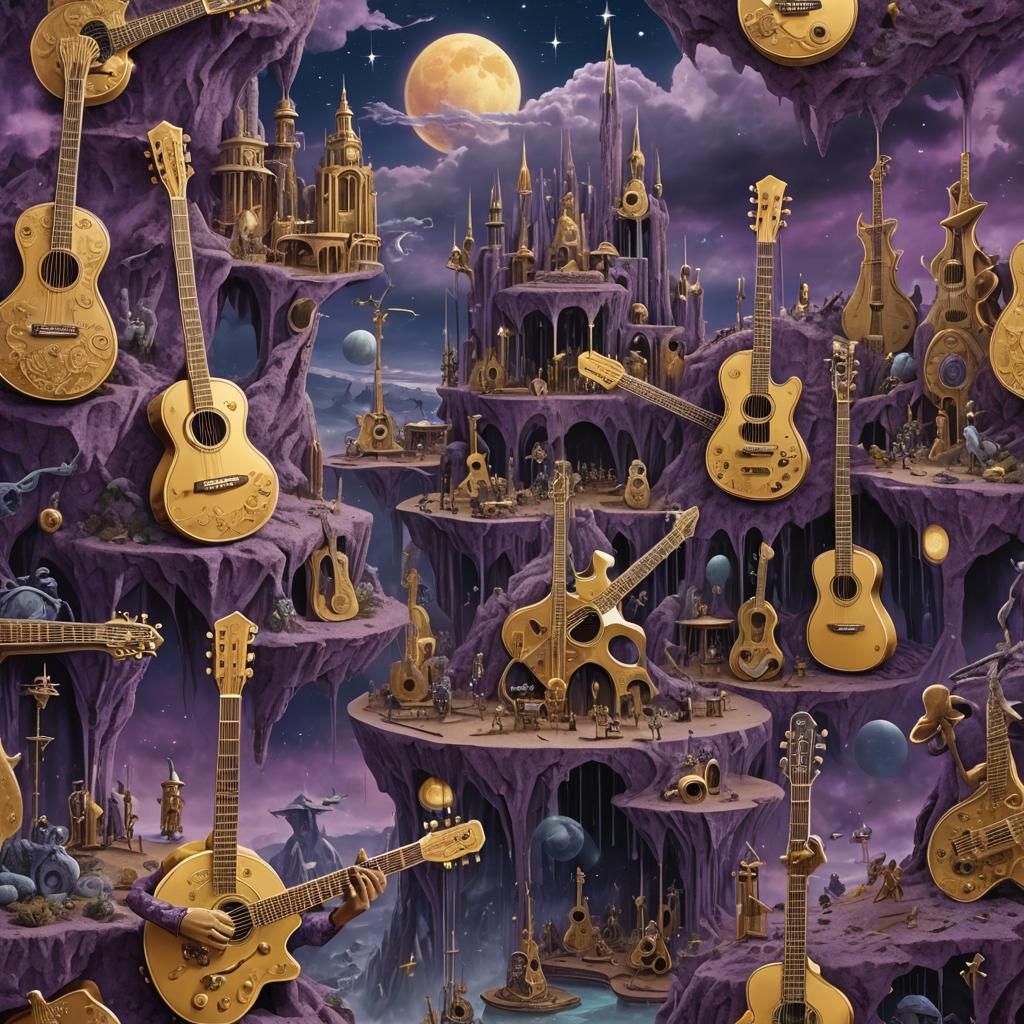 Fantastic surreal planet based on guitars, with tall golden guitar necks and intricate amplifiers, set in an ethereal outdoor theatre with m...