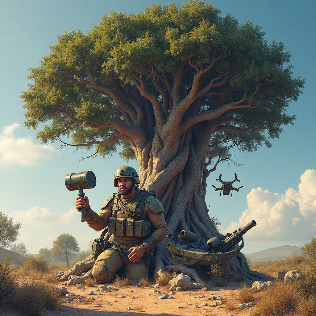 Golani Tree Mural with Warrior in Combat Gear