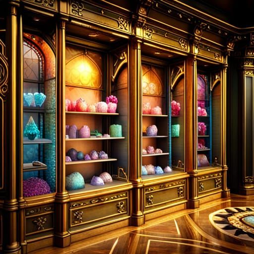 photorealistic Crystal shop shelves with vivid colored cryst...