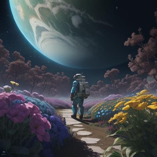 Astronaut Gardeners Tend Flowers on Neptune