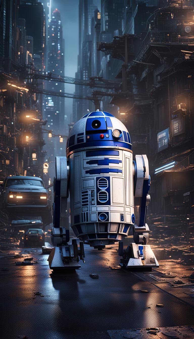 r2 d2 dark knight city night detailed matte painting, deep c...
