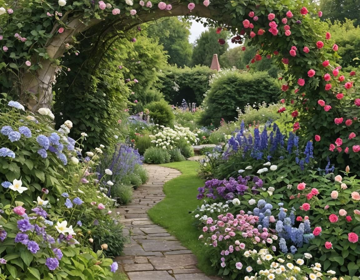 Cottage garden in full bloom. Foreground of summer flowers border. In ...