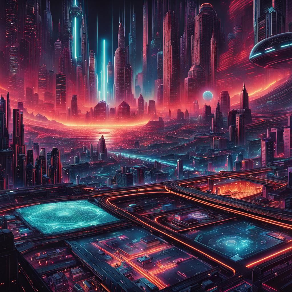 Cyberpunk Space City Landscape Map in Neon Style