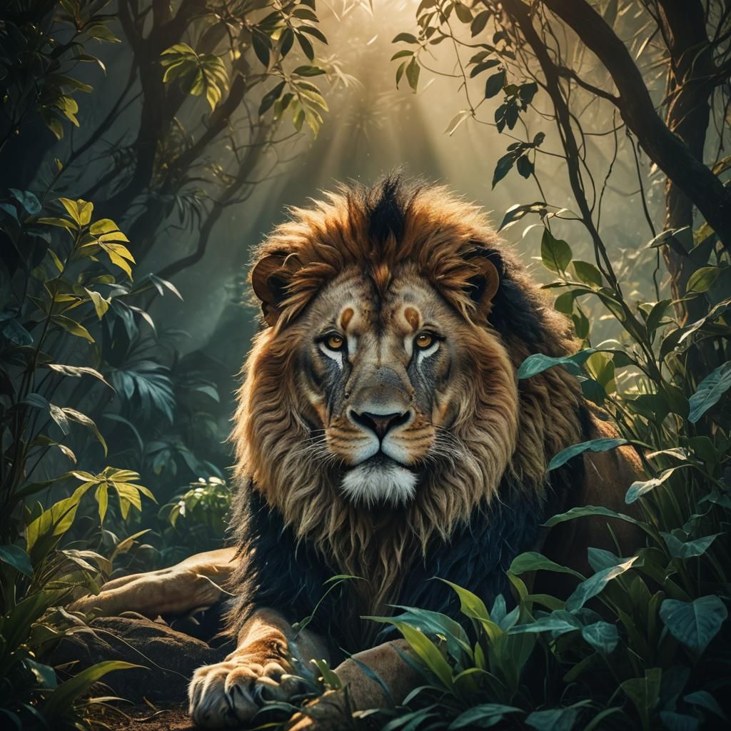 Lion in Shadows: Photorealistic Fantasy Concept Art
