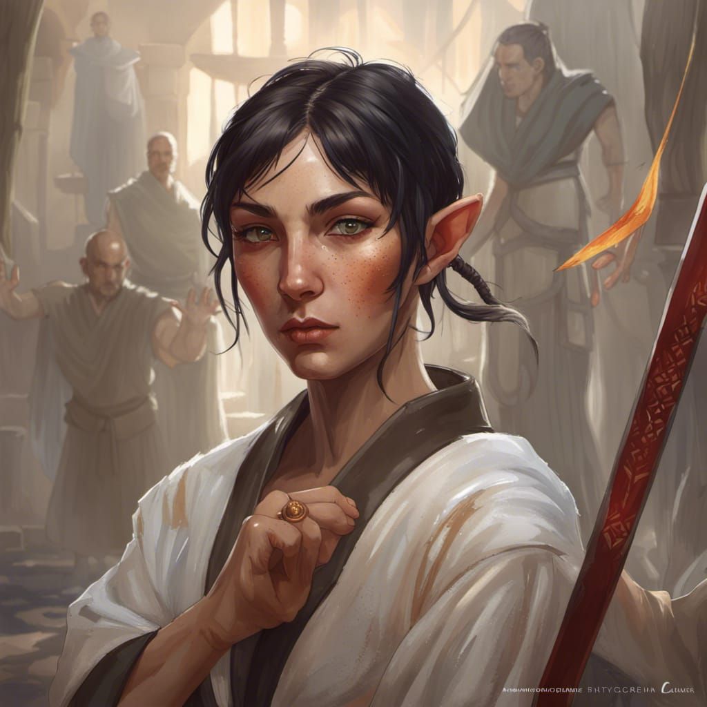 elf monk girl with dark short hair, freckles, brown eyes and...