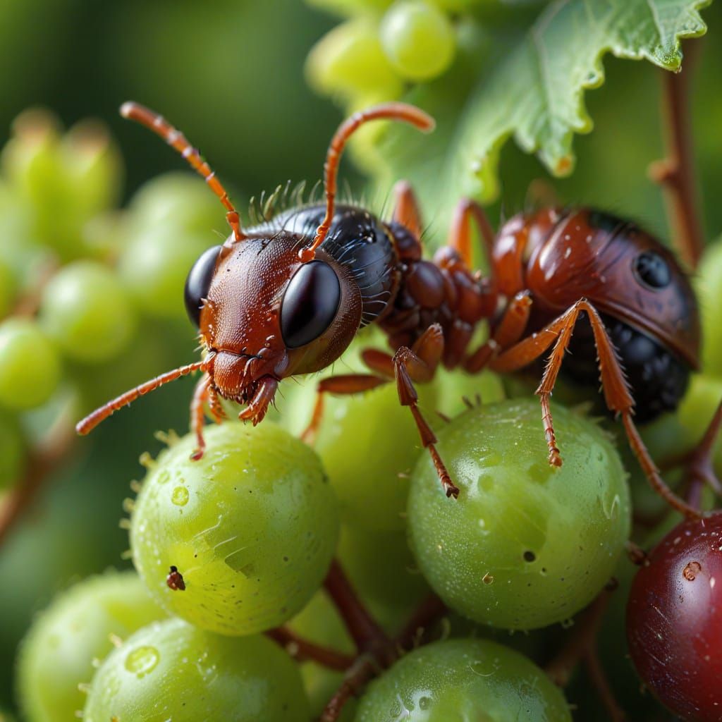 Small Ant on a green grape. Grapes are part of a picnic lunch