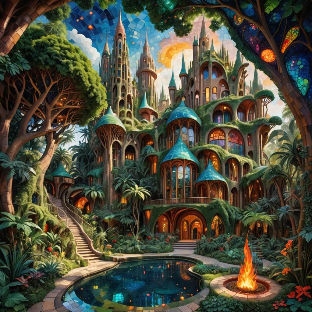 A majestic, iridescent spiritual gathering space made of fire rises from a lush, tropical oasis, its ...  by @pat lewis