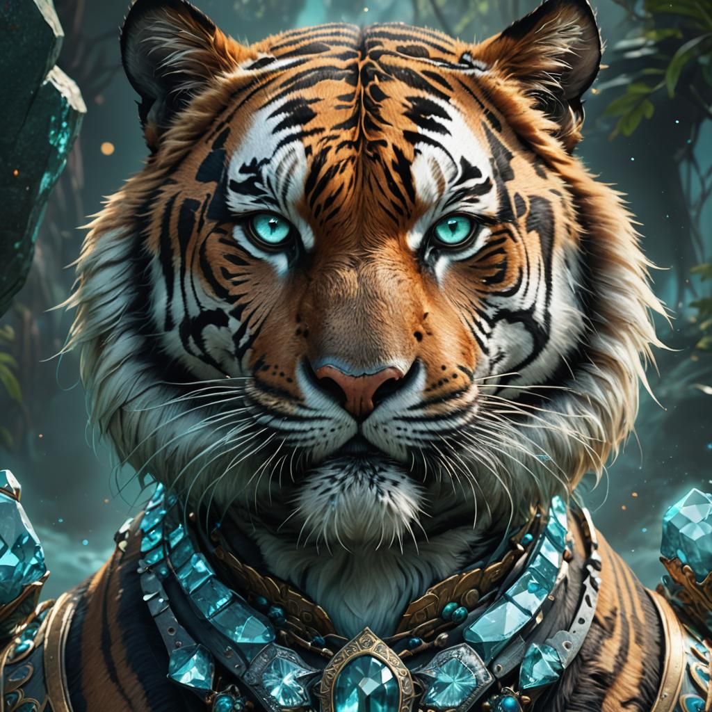 Closeup portrait tiger with glowing aquamarine collar.